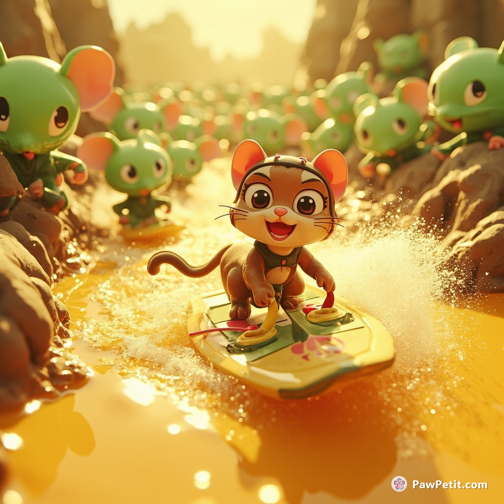 A cat windsurfing on a river of glowing honey, chased by an army of green, balloon-shaped mice.