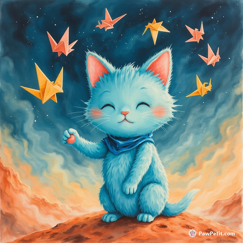 A fluorescent blue cat juggling origami mice on Mars during a dust storm.