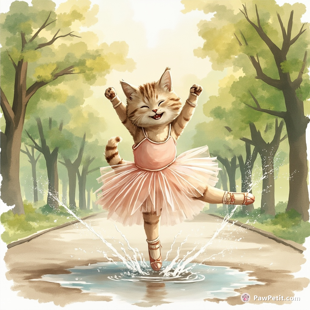 Ballet-slippers strapped on, a grinning cat attempts plié and pirouette in the park, dodging splashing puddles with comic grace.