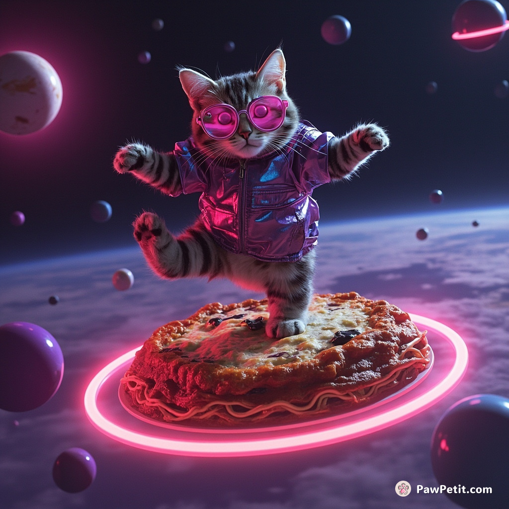 Cat tap dancing on a floating lasagna in outer space.