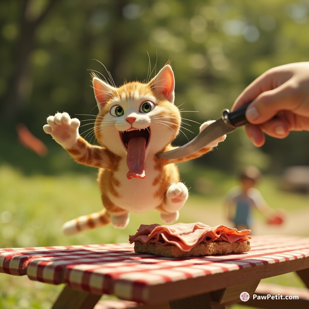 Feline leaps onto picnic table, swats away sandwich thief's hand, then majestically devours the ham.