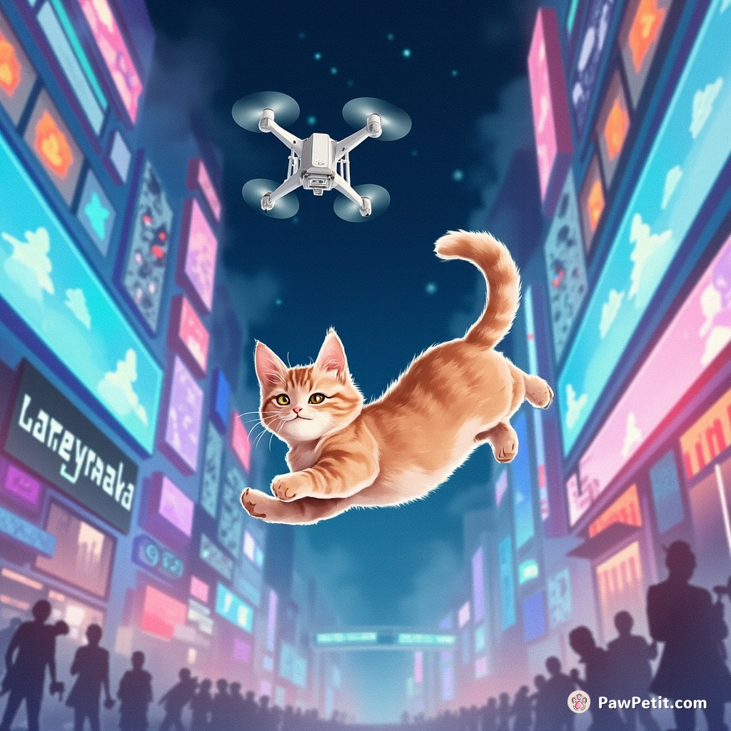 In a neon-lit city, a cat leaps through holographic billboards, using its tail to hack a drone's navigation system.