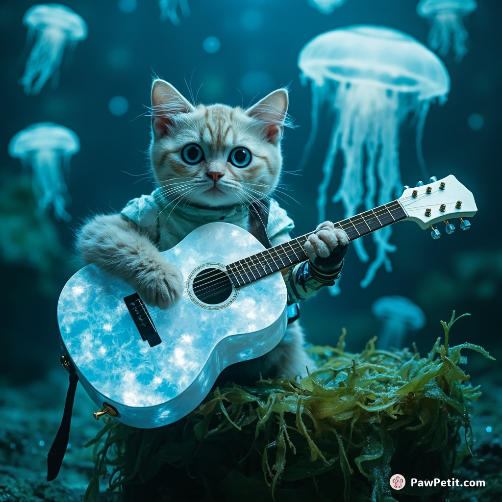 Cyborg cat strumming a guitar made of moonstone amid glowing jellyfish on a floating seaweed stage, in an underwater concert.