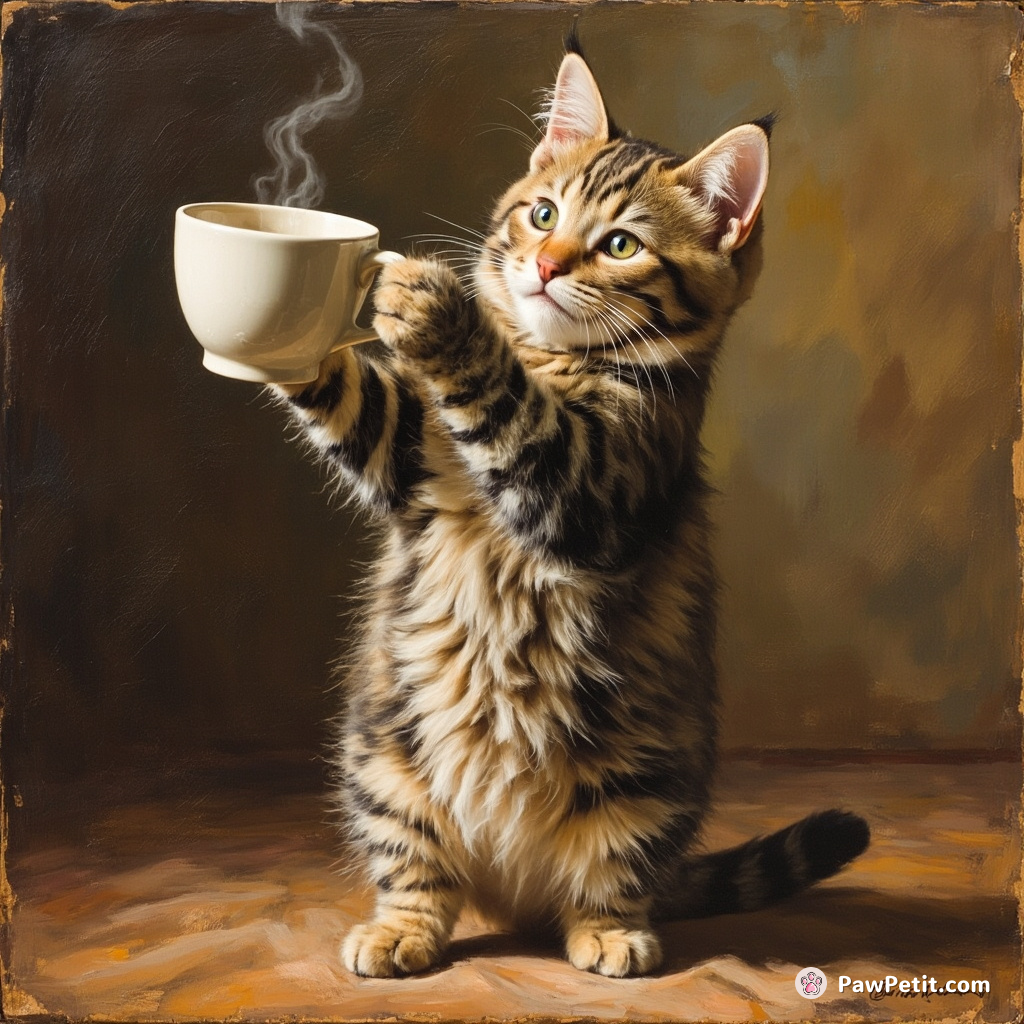 The cat comically tries to walk upright, while awkwardly clasping a coffee cup with agile paws each morning.