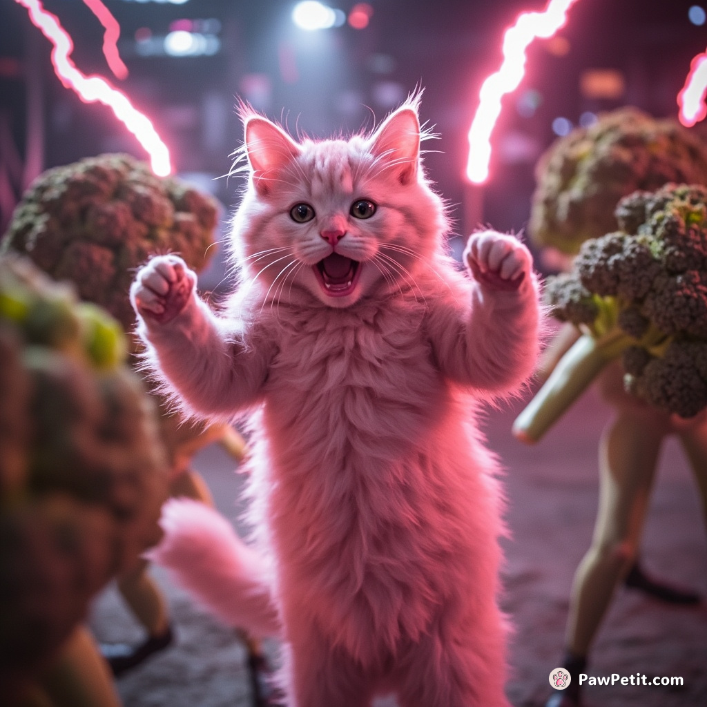 A pink alien cat caught in the grips of an electrifying dance battle with a gang of yodeling broccoli.