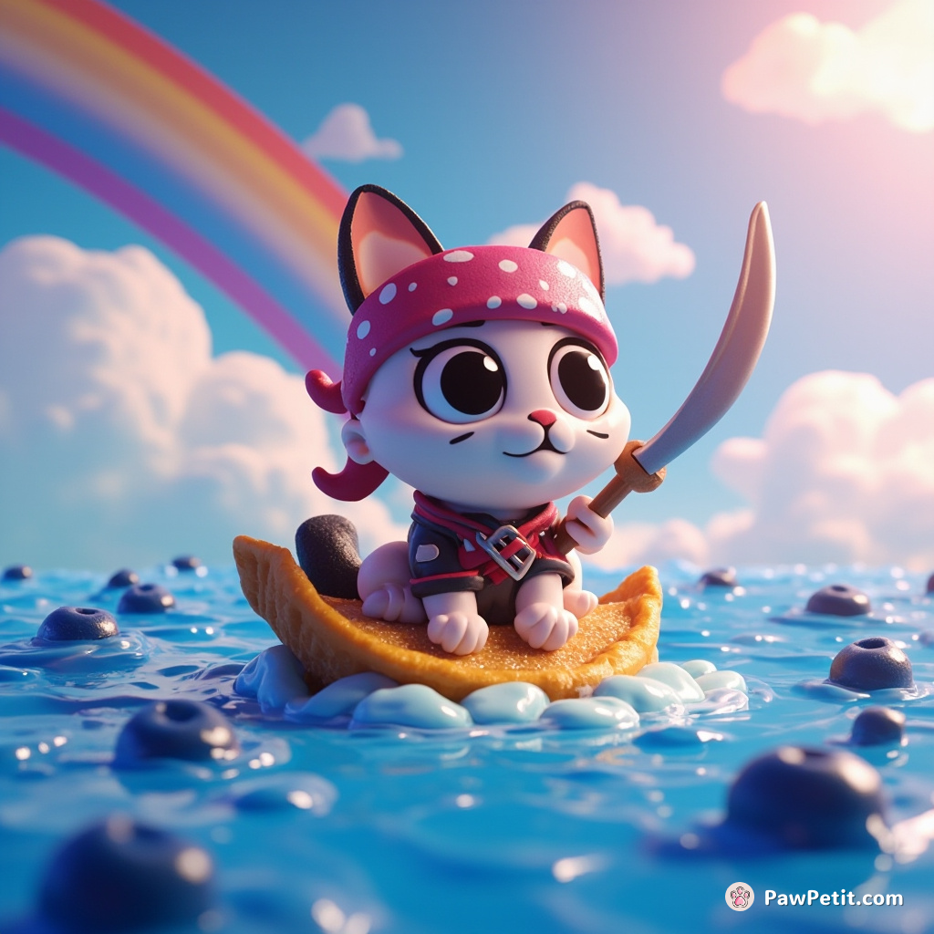 A one-eyed pirate cat sailing a nacho chip across an ocean of blueberry jam under a rainbow sprinkle sky.