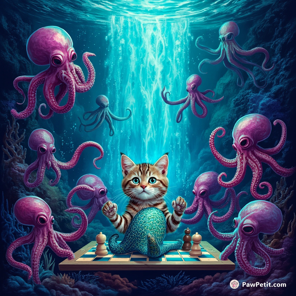 A mermaid cat playing sea chess with octopus aliens under a neon-infused watercurtain.