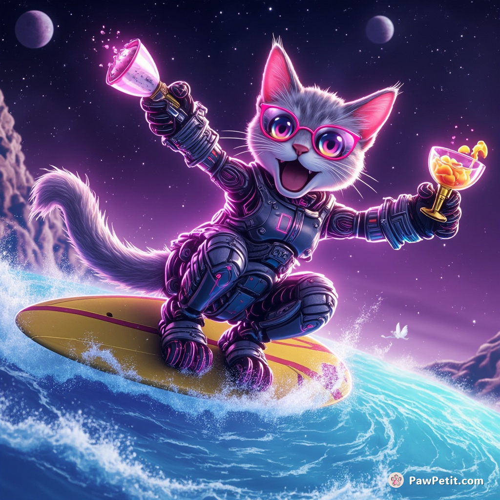 Neon-glowing cybernetic cat winning an intergalactic surf competition while holding a pizza margarita in zero gravity space.