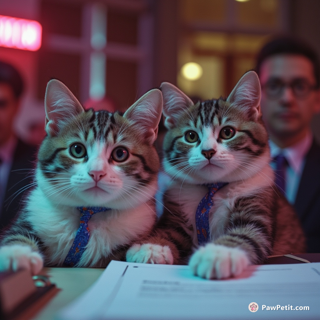 Cats secretly commandeer the city council meeting, voting on fish subsidies with tiny paws and whiskers.
