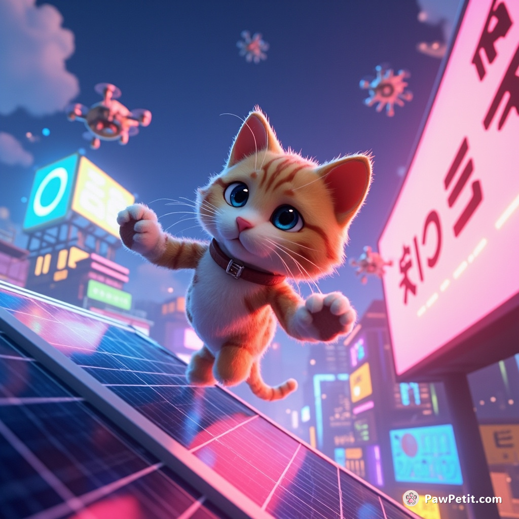 A cat leaps gracefully from solar panel to drone billboard, dodging autonomous drones in a neon-lit metropolis.