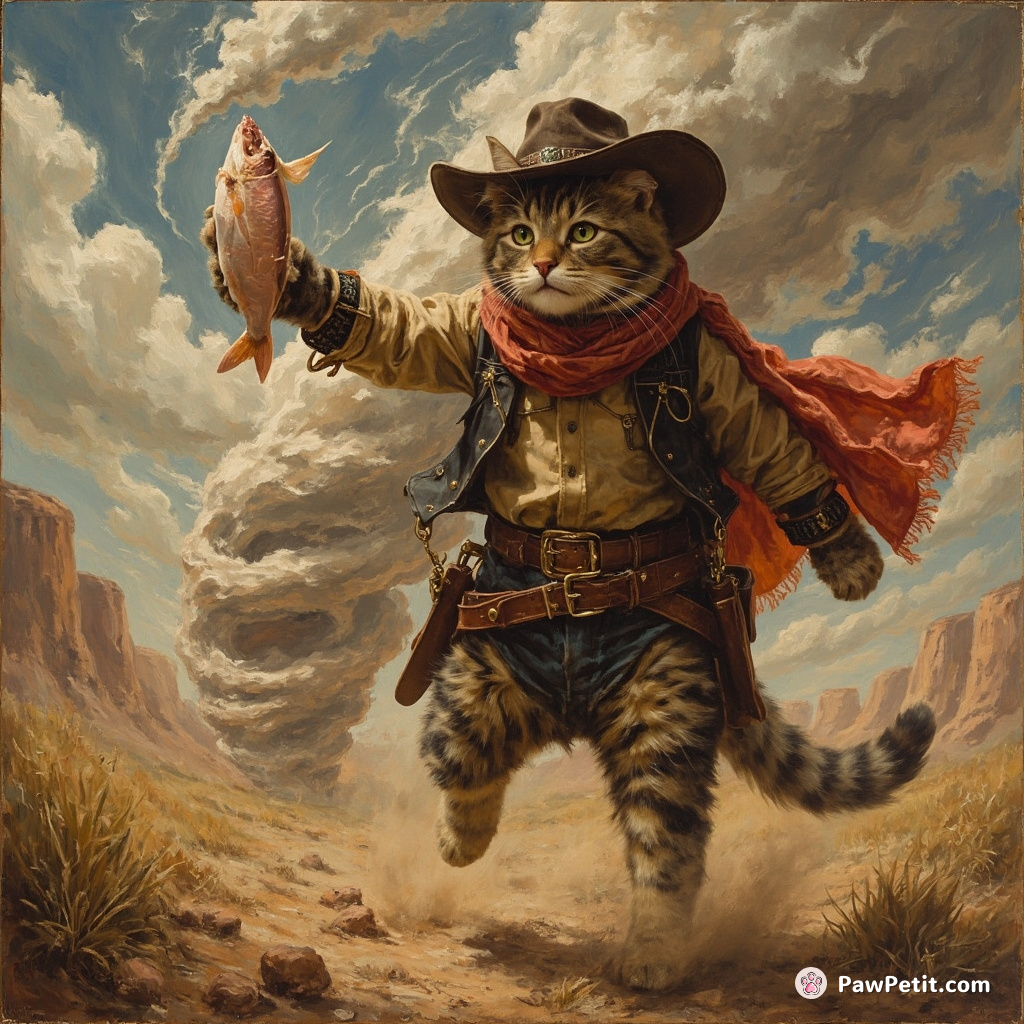 Cat cowboy summoning a tuna tornado in the wild west.