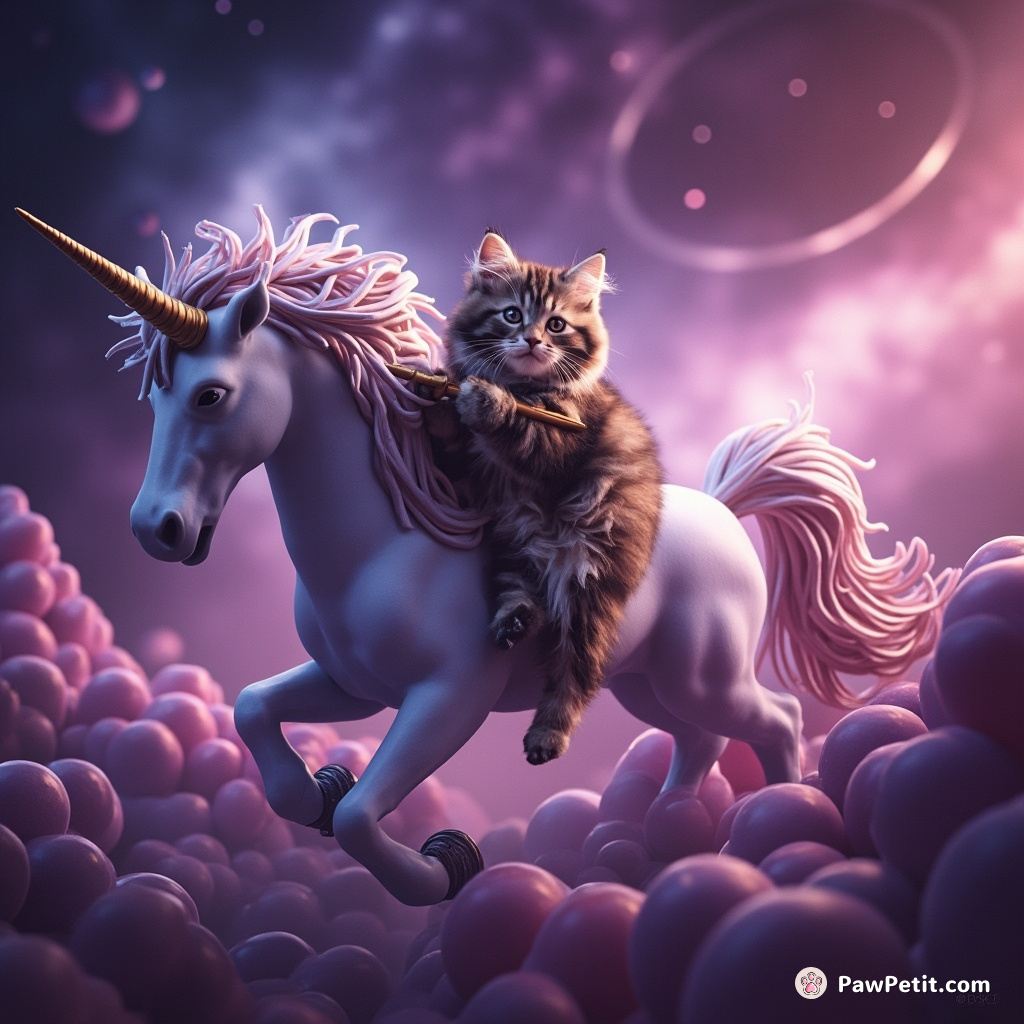 A cat riding a unicorn flute across a nebula made of grapes.
