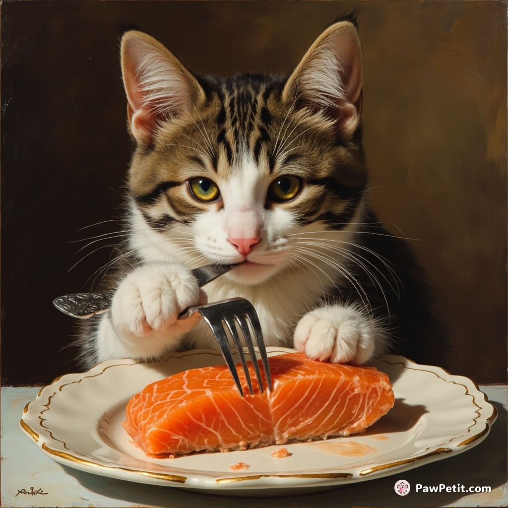 Cat, using a fork and knife, daintily slices and chews a salmon fillet, refusing to eat without proper table manners.