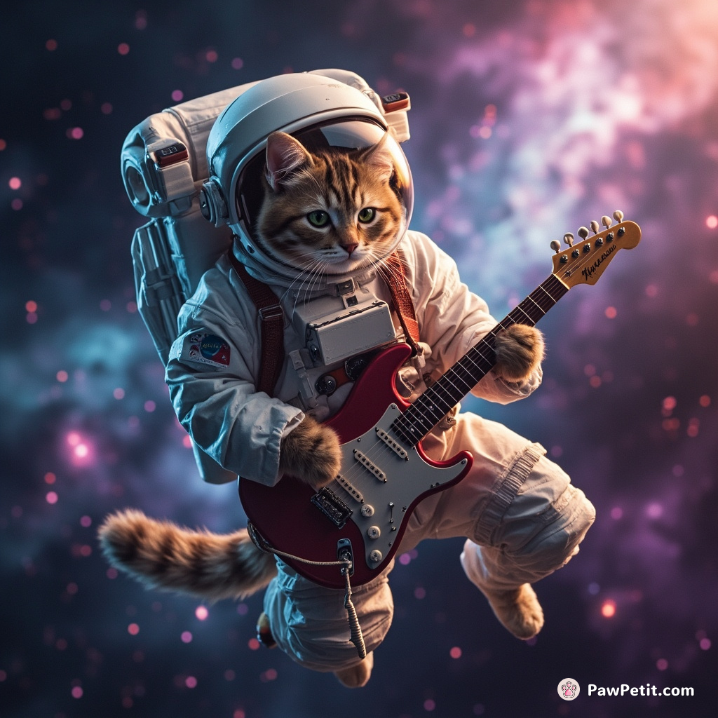 A cat dressed like an astronaut playing an electric guitar while floating through a psychedelic nebula.