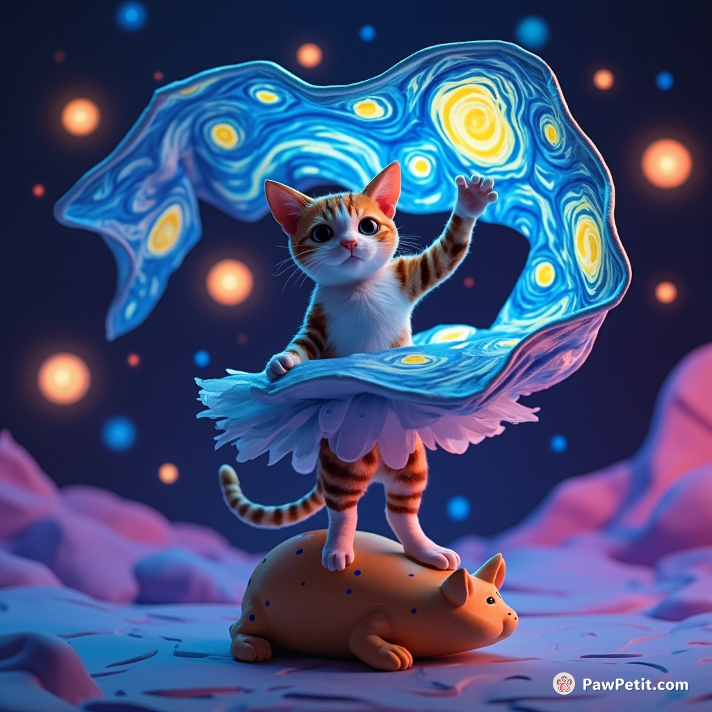 A neon-lit calico cat unfurling a cosmic duplicate of Van Gogh's Starry Night with one paw, while maintaining a perfect ballerina balance on an alien mongoose, in zero gravity.