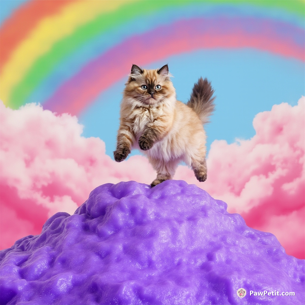 Cat bouncing wildly on a purple jelly mountain under a rainbow sherbet sky.