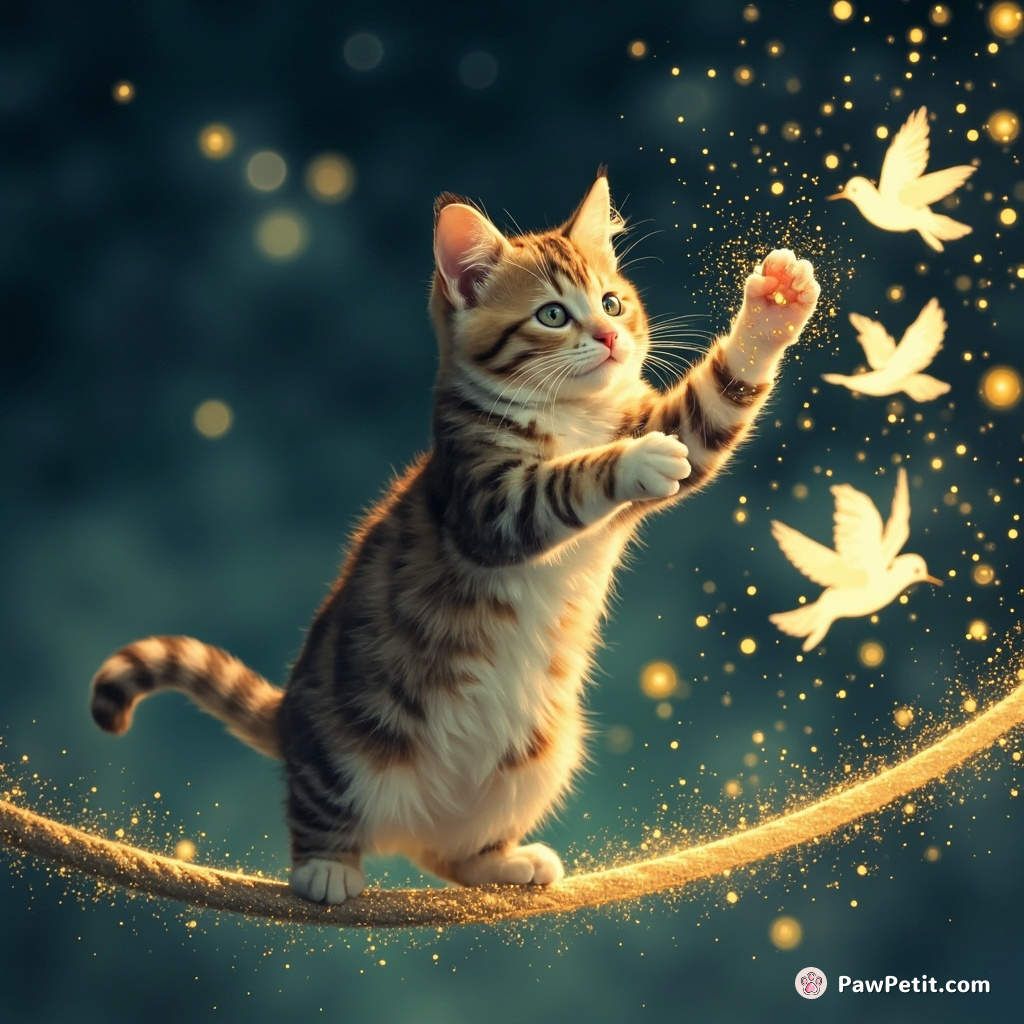 A cat conducting a symphony of ethereal bird-sprites while balancing on a tightrope made from illuminated stardust.