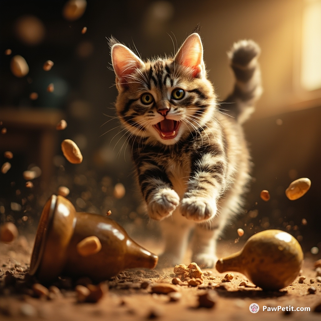 Cat darts frantically, leaping onto a table, knocking over a vase with a loud crash.