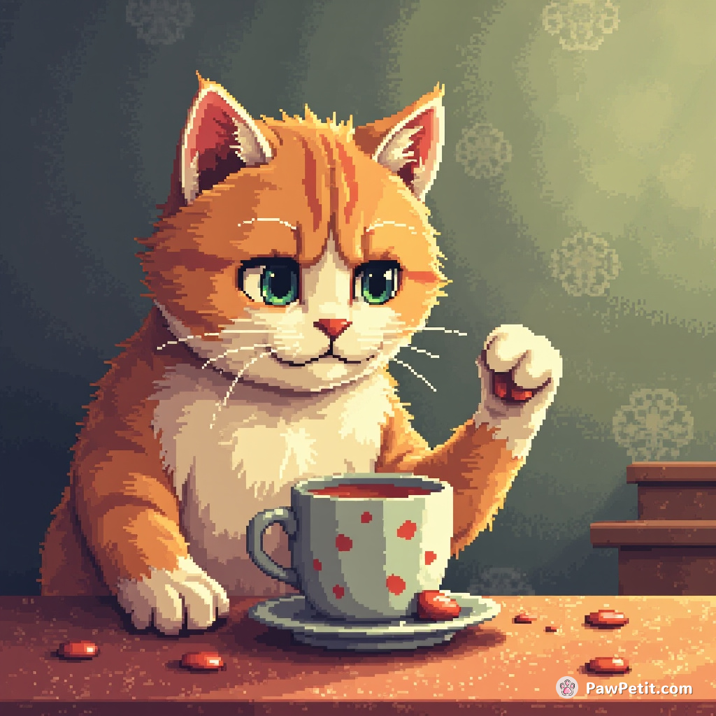 The cat, with a comical seriousness, attempts to drink tea from a tiny cup, paw fumbling clumsily at the handle.