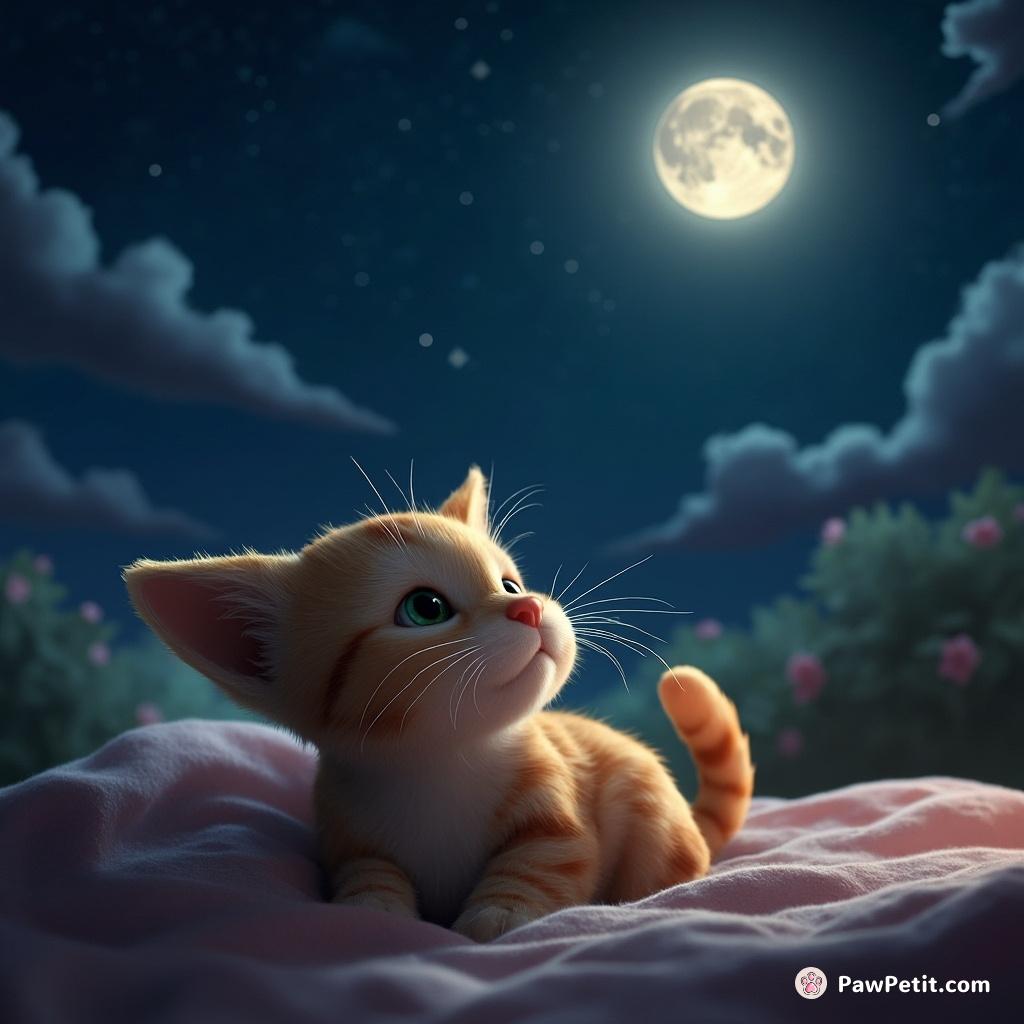 Misreading a bedtime read as invitation to reality, cat takes daily pilgrimage towards the beautiful painted moon in dreams.