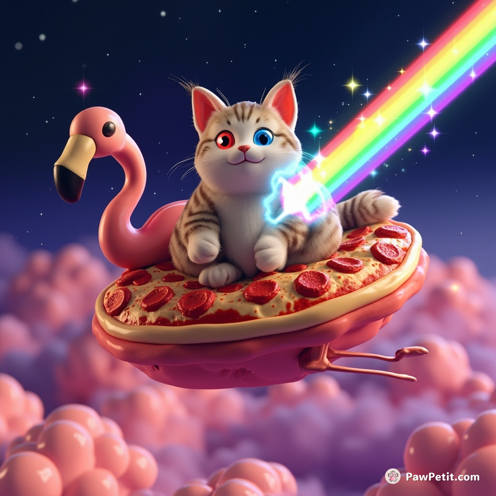 A fat tabby cat beaming rainbow lasers out of its sparkling eyes illuminating a starry cosmos, while riding a flying flamingo over swirling pepperoni pizza storm clouds.