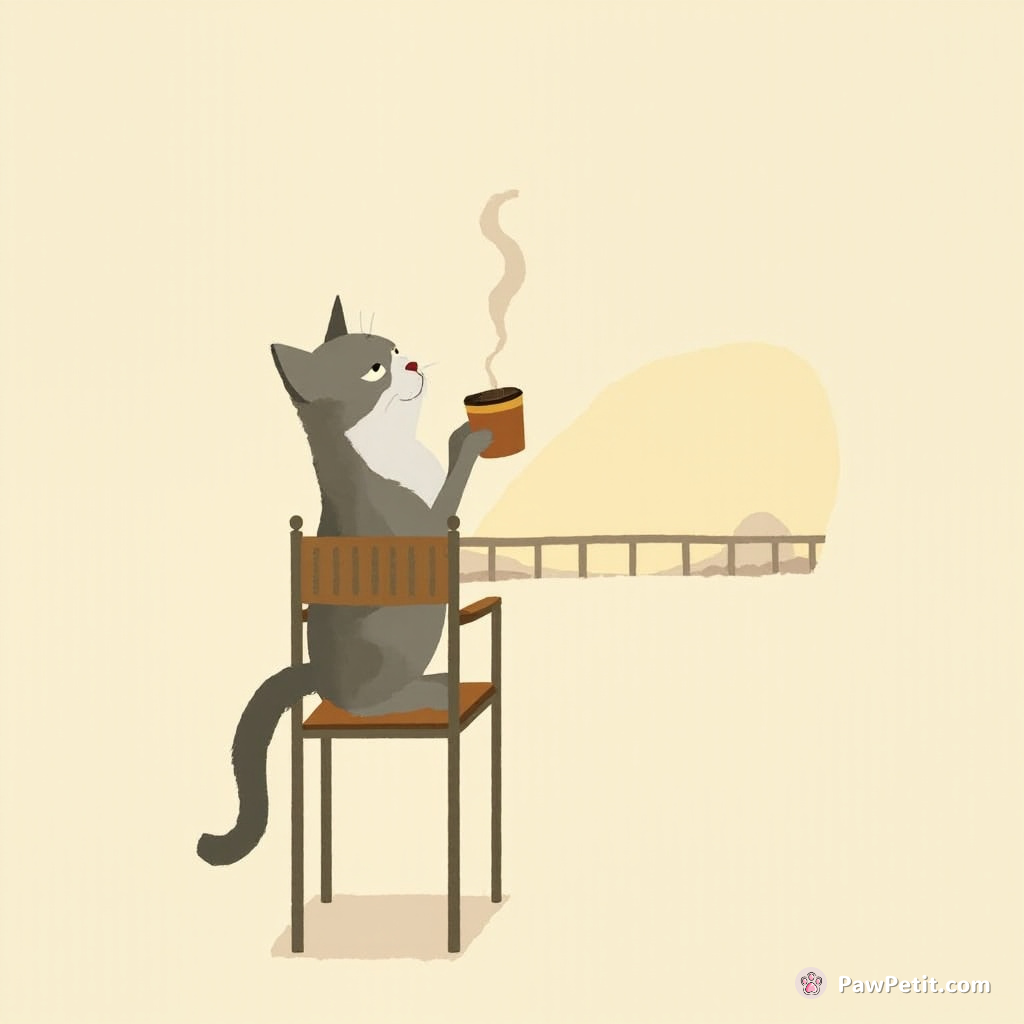 Cat leaps onto patio chair, mimics sipping coffee, gazes at the horizon with a paw resting under its chin.