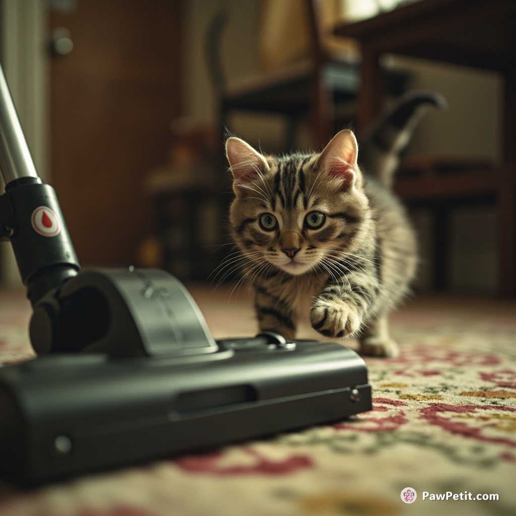 Cat: Pounces on vacuum cleaner, convinced it's a fearsome metal beast humans bravely battle for sport.