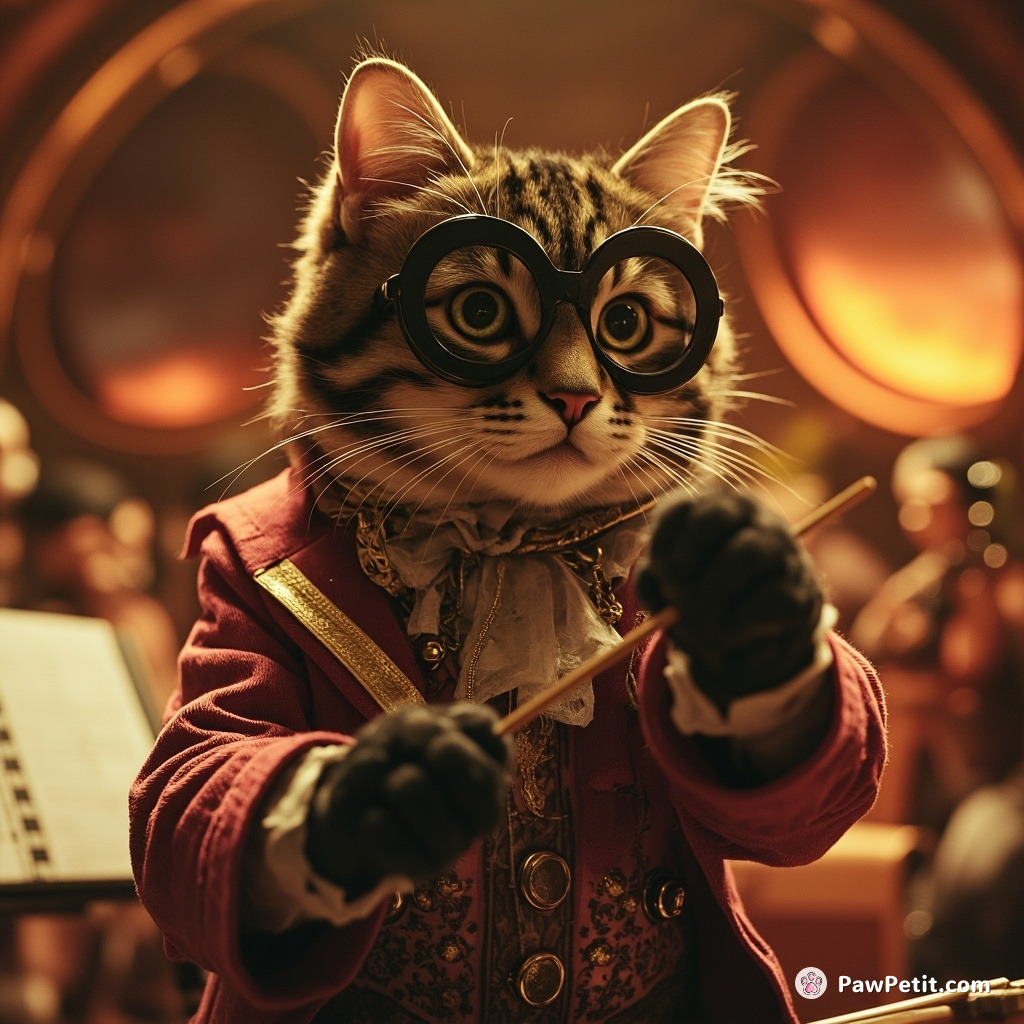 Cybernetic cat conducting a spaceship orchestra on Mars in Victorian attire.