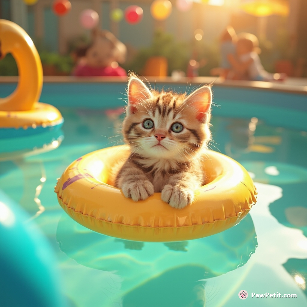Confused kitten sunbathing on a floating inflatable, unawares paddling itself deep into the middle of a human kid's pool party.