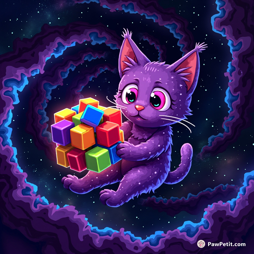 A 3-eyed neon purple cat striving to solve a luminescent Rubik's cube while floating in a spiraling galaxy.