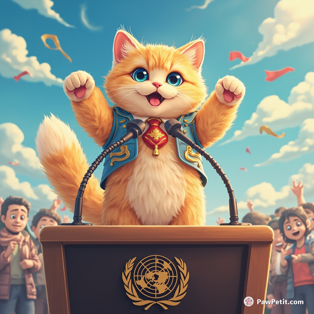 Fluffy launches a global campaign to prove cats can run governments better, starting with a majestic leap onto the UN podium.