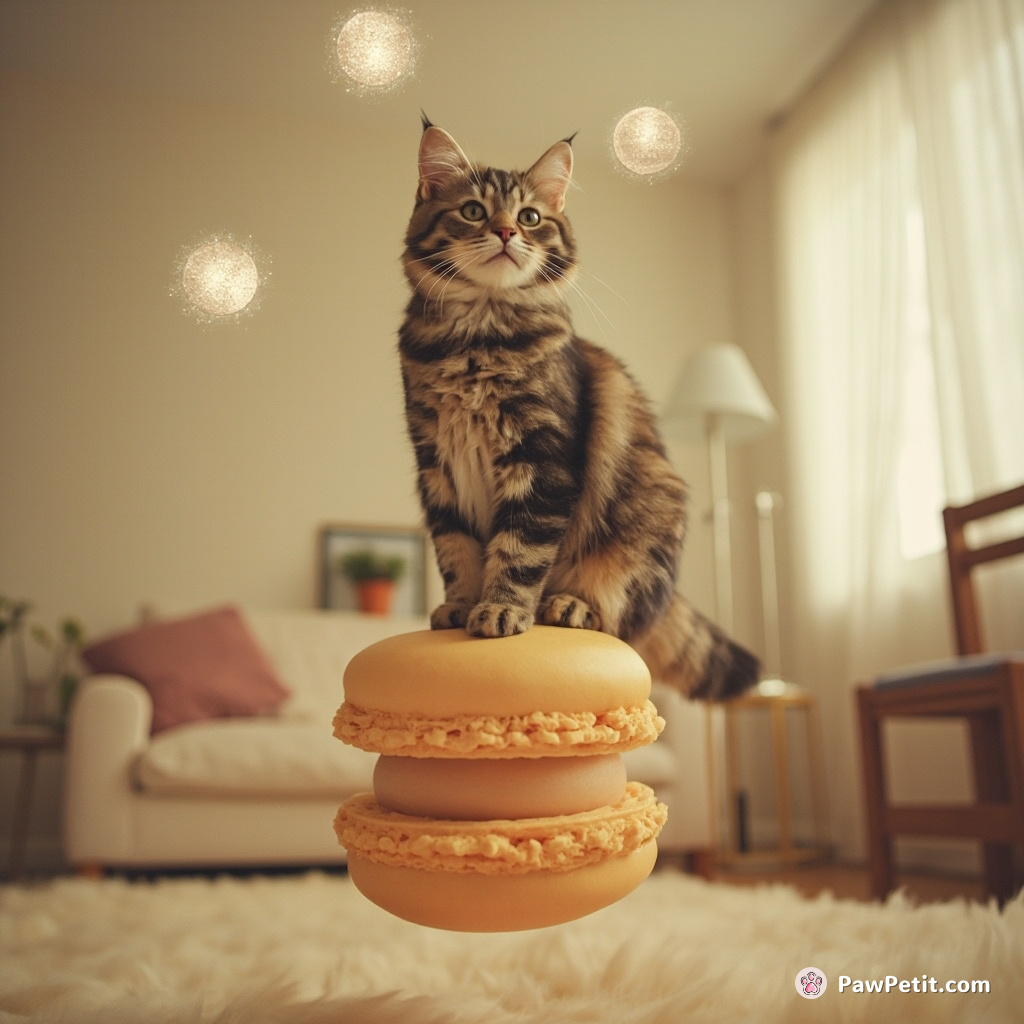 A chubby tabby cat balancing on a floating, oversized macaron while juggling sparking opalescent moons in an otherwise normal looking living room.