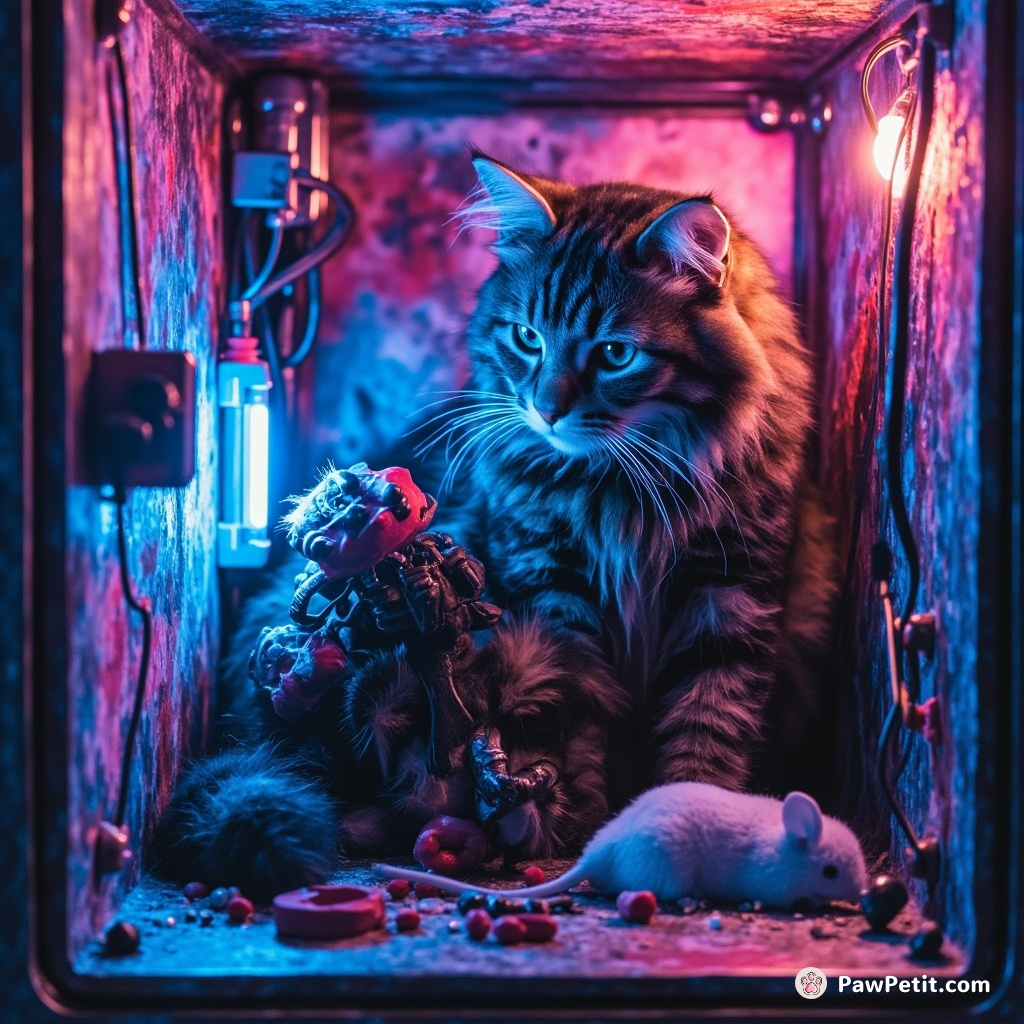 Cyborg cat repairing a broken robot mouse inside an iridescent cyberspace cupboard