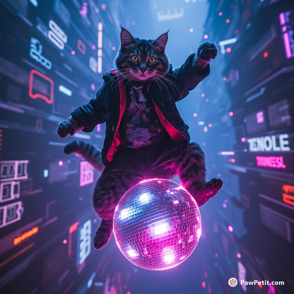 A cat breakdancing on a disco ball, floating high above an underwater city shining with neon lights.