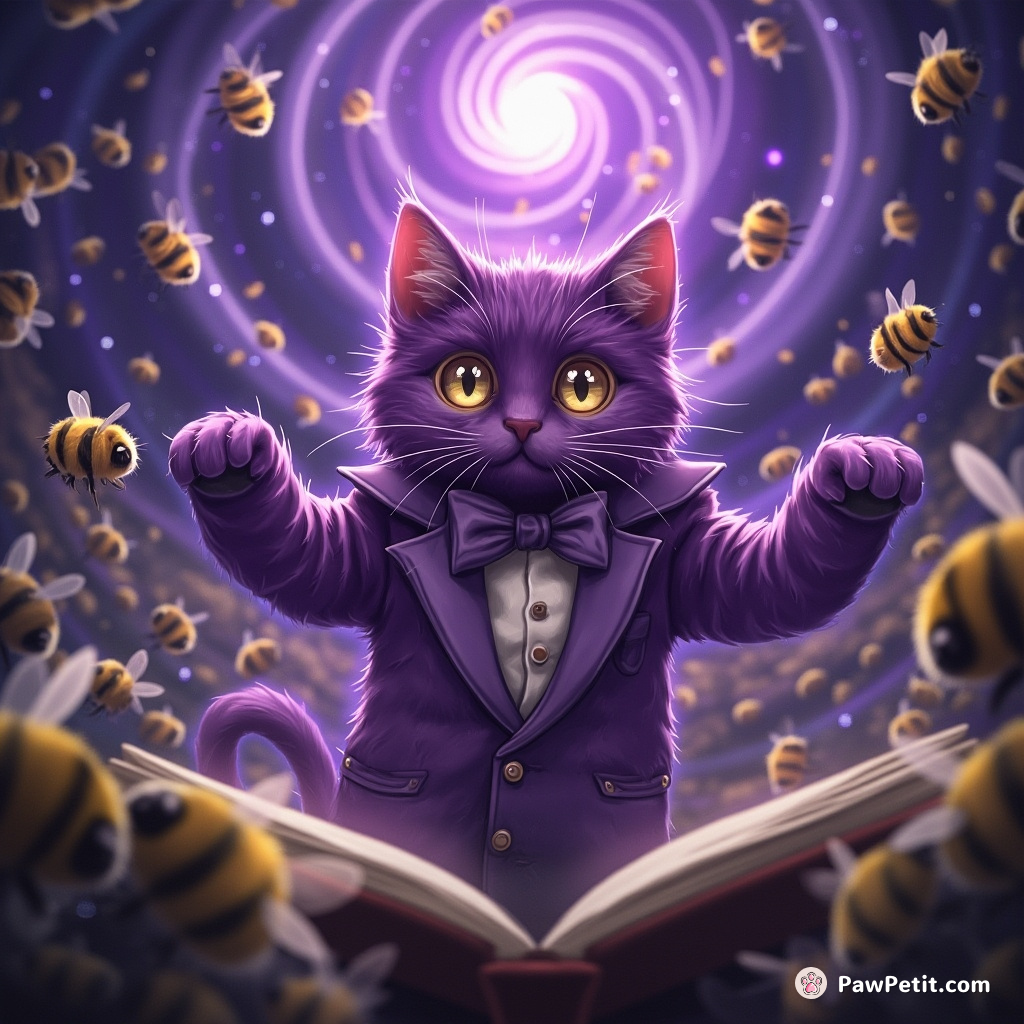 A hypnotic, purple cat conducting a swarm of bees to perform Beethoven's Symphony Spiral Galaxy in Broadway style.
