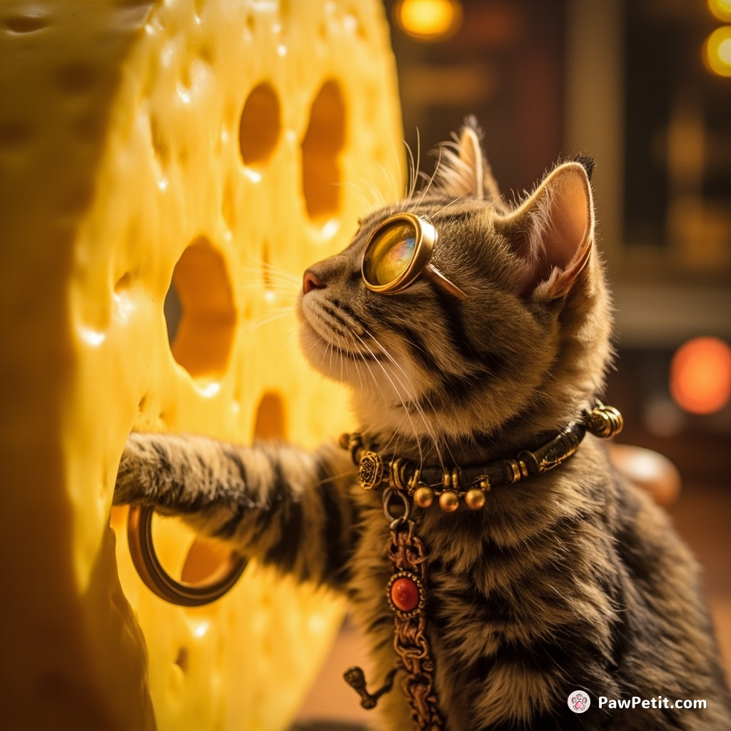 A steampunk-style cat telekinetically assembling a giant cheese moon.