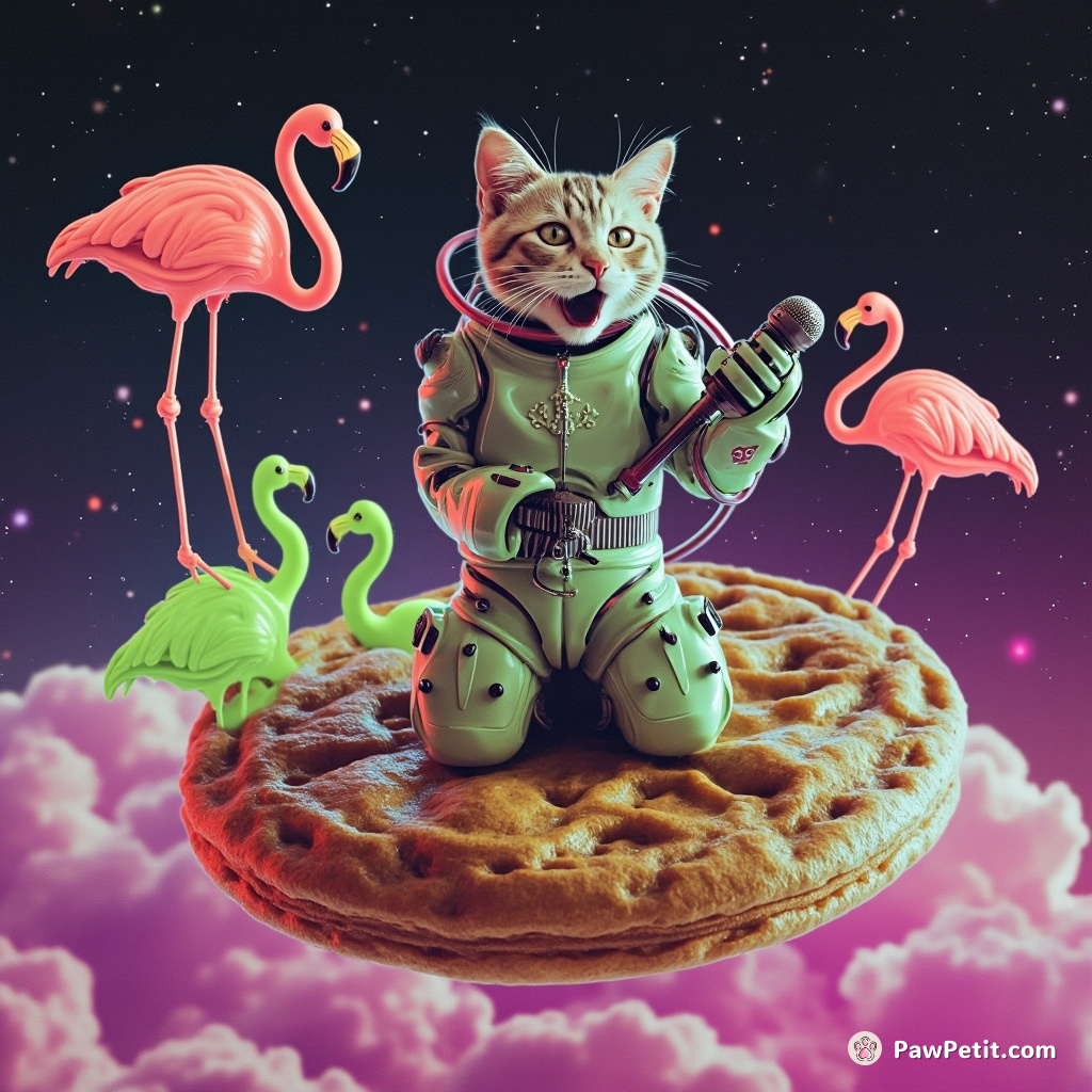 Cyborg Cat karaokeing with lime-green flamingos atop a floating cookie in the galaxy.