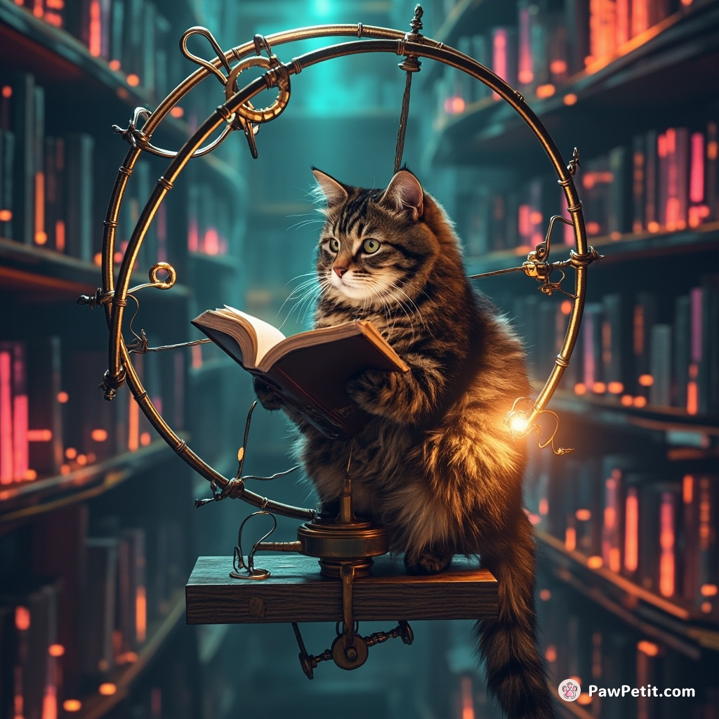 Steampunk cat reading a puzzling novel while balancing on a floating orrery in an endless library.