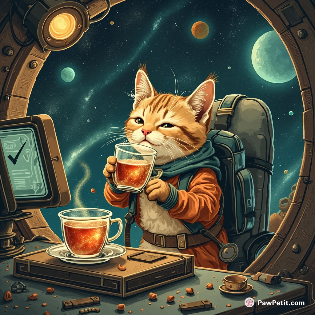 Cat singlehandedly operating a vintage space station while sipping galaxy-tea in zero gravity.