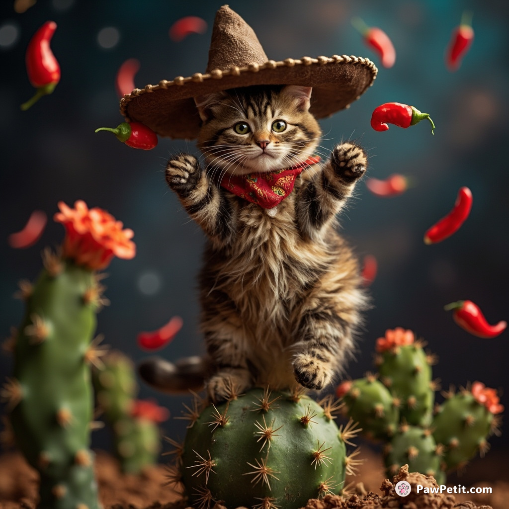 Cat doing a sombrero dance on top of a floating cactus in space while juggling chili peppers.