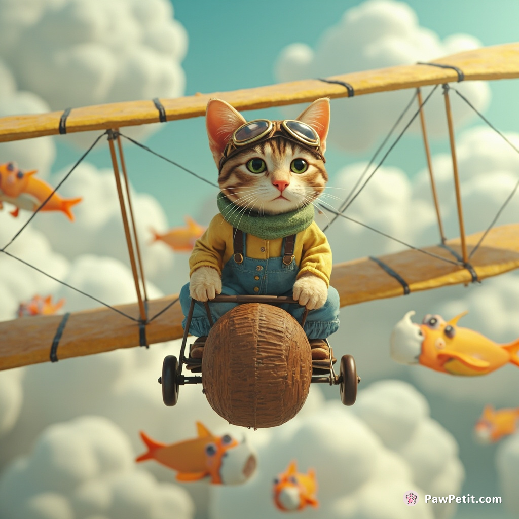 A tall, slender cat piloting an antique biplane through a sea of floating fish-taco clouds in sky-blue overalls and aviator goggles.