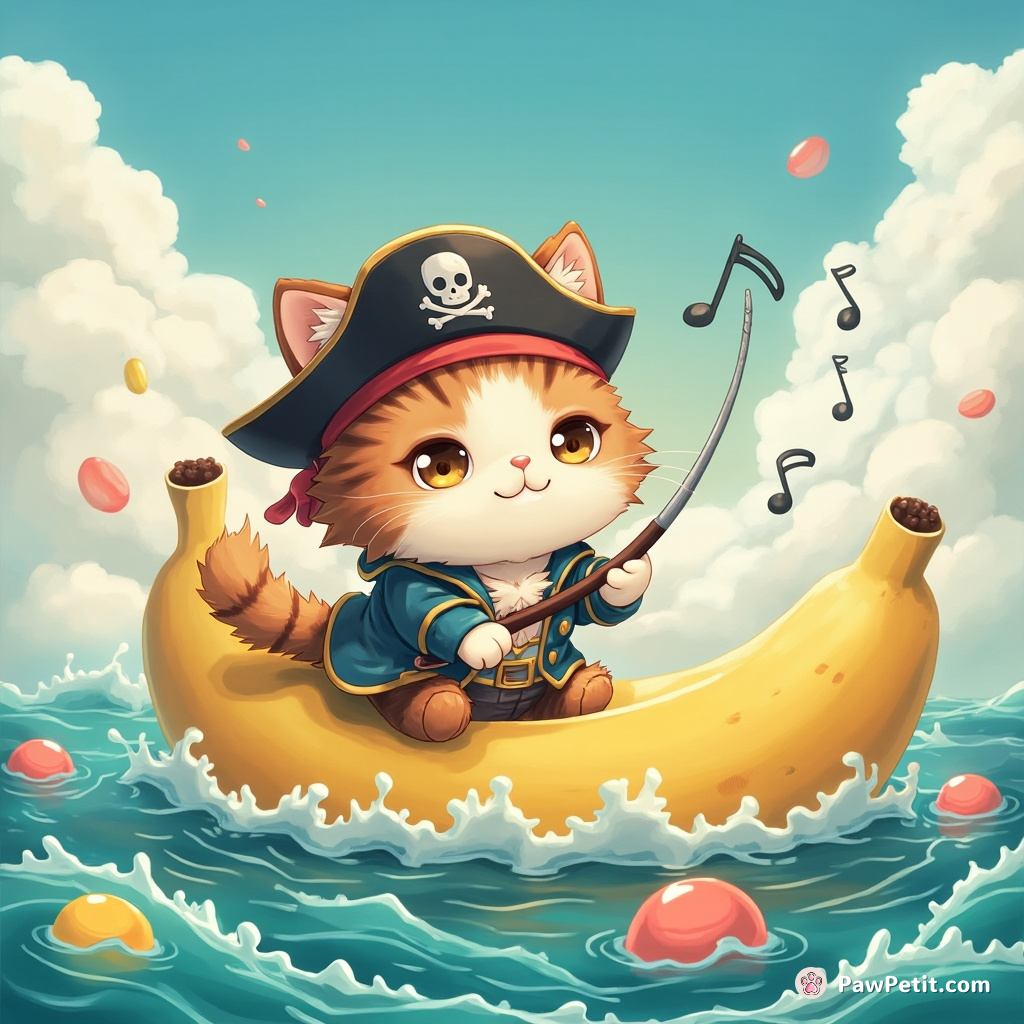 A Pirate cat fishing for musical notes on a banana boat in a jelly ocean under candy floss clouds.