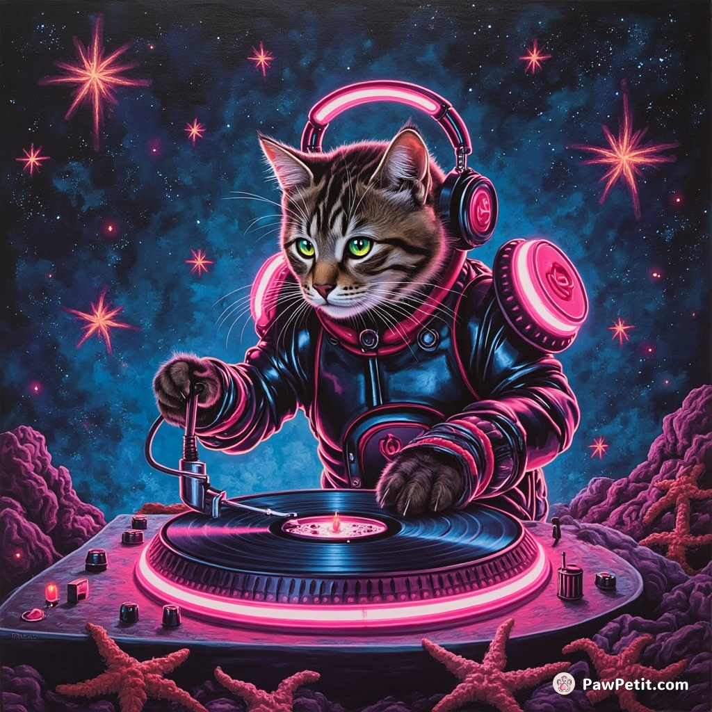 Neon, cyborg cat tweaking controls of a floating DJ turntable amidst a galaxy rave with twinkling starfish