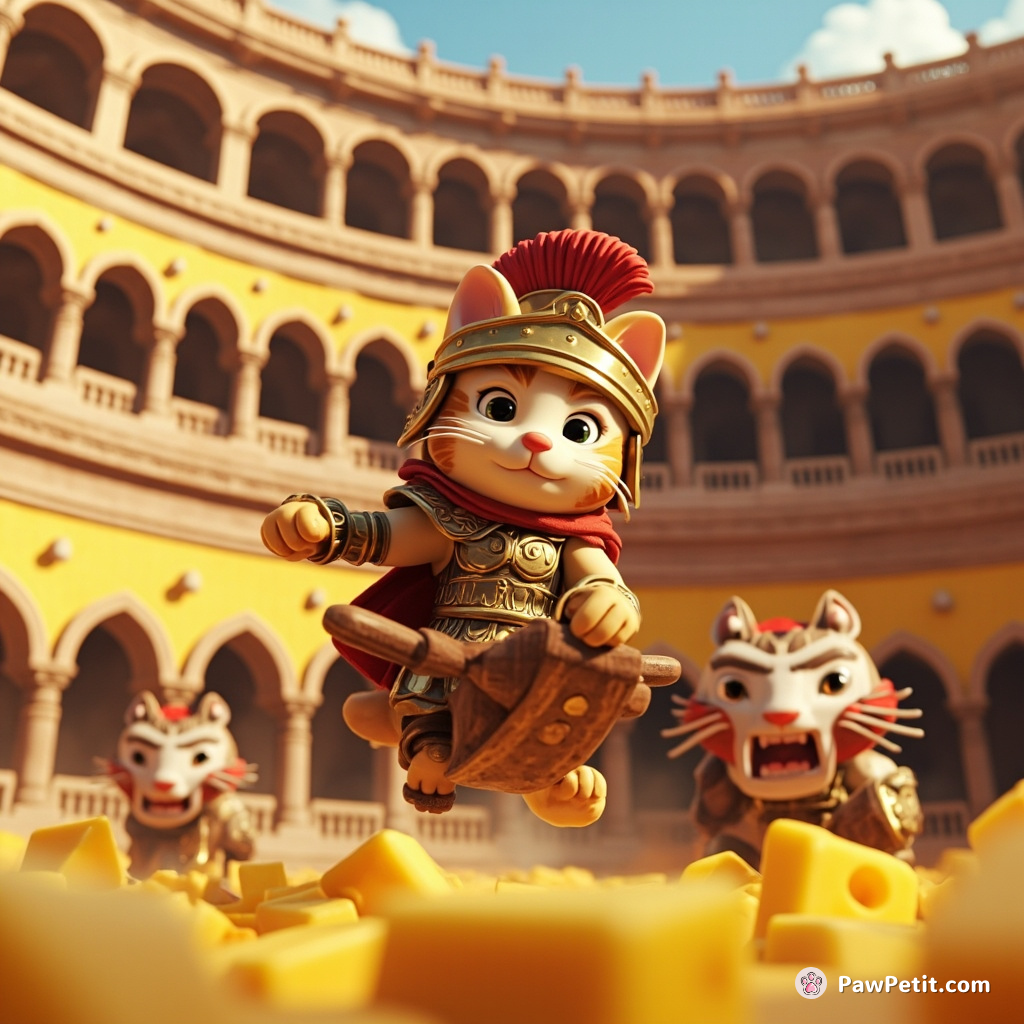 A victorious cat wearing ancient Roman centurion armor, chariot racing against saber-toothed squirrels in a Colosseum made of cheese.