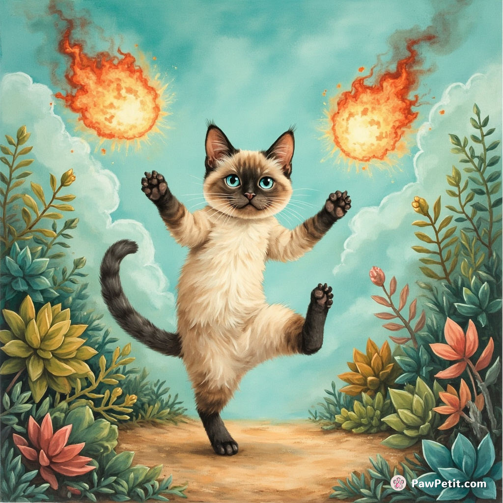 A two-headed Siamese cat juggling fireballs while doing a dancing on one paw, smack center within a succulent jungle under turquoise sky.
