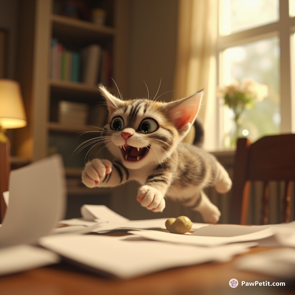The cat pounces onto the table, scattering papers and triggering laughter as it darts away.
