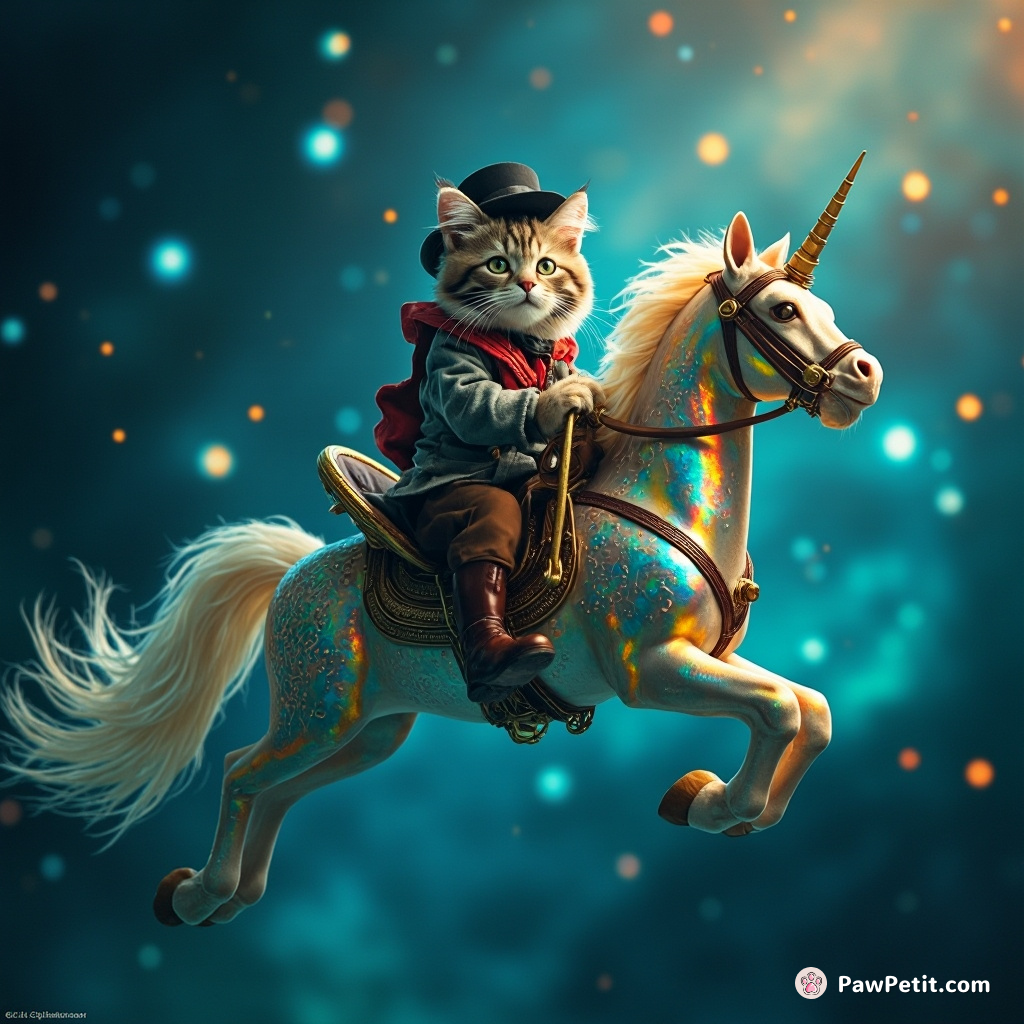 Victorian steampunk cat piloting an iridescent floating sea horse underwater among luminescent galaxies.