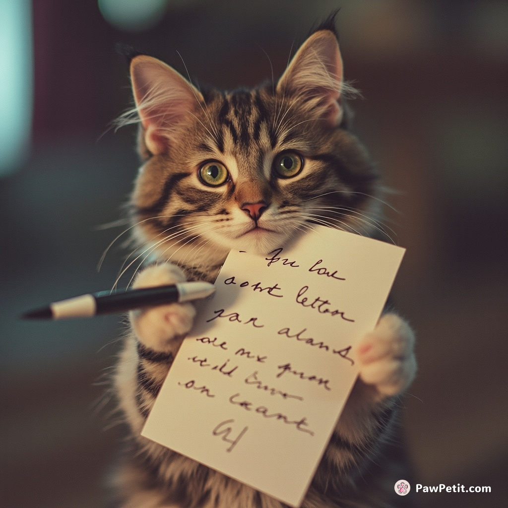 The cat dramatically gives a "hand-written" love letter, gripping a pen clumsily with its tiny paw.