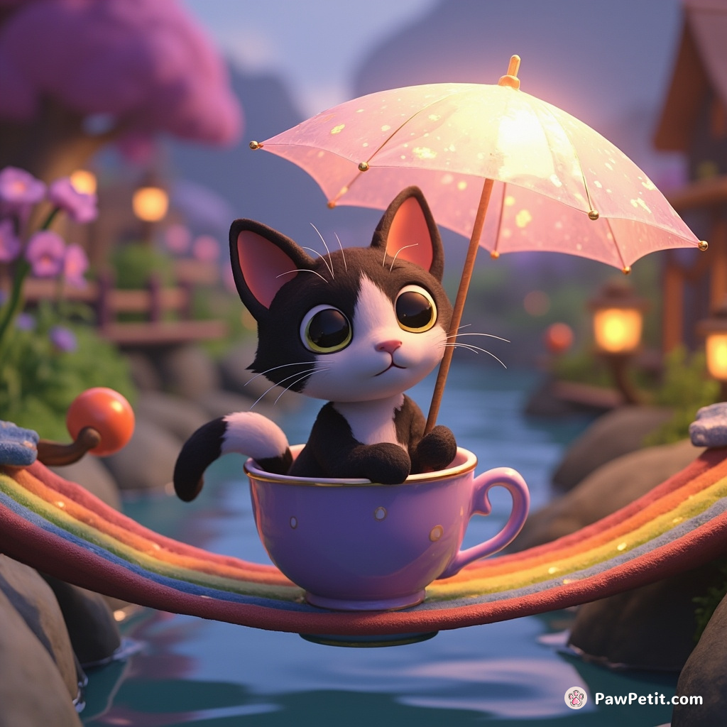 A black-and-white cat holding a glowing umbrella, leisurely floating downstream on a lavender teacup underneath a rainbow jackalope footbridge.