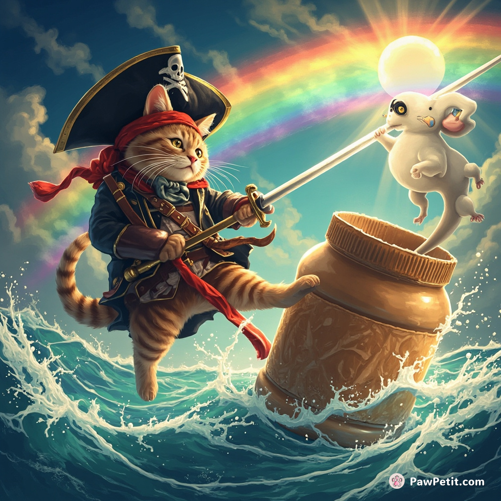 A pirate cat sword-fighting with a ghost rat atop a peanut butter jar in the middle of an effervescent ocean under a rainbow lit sky.